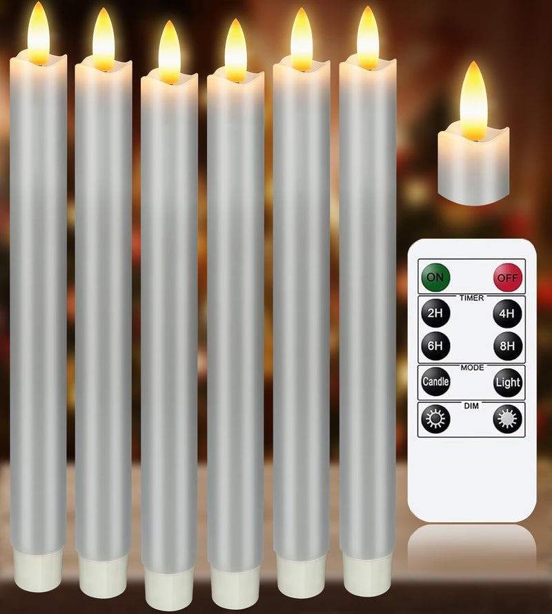 KSWING Upgraded Real Wax LED Flameless Grey Taper Candles with Remote, 6 PCS Candlesticks Battery Operated 3D Flickering - 9.6" Long Realistic Fake Candle Sticks for Home/Wedding/Fireplace Xmas Decor - Image 1
